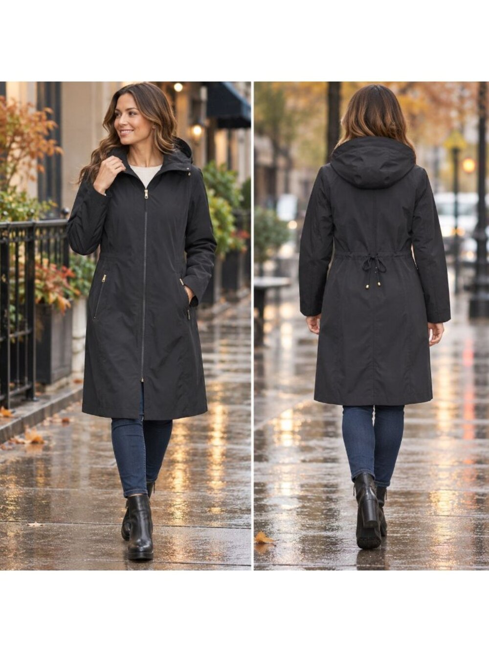 Cole Haan Signature Raincoat Womens Large Black Hooded Long Trench Jacket